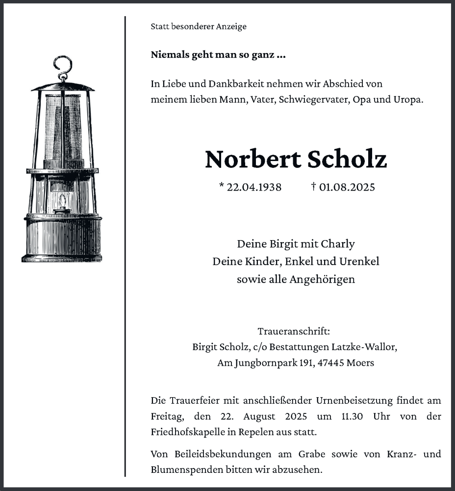  Traueranzeige für Norbert Scholz vom 09.08.2025 aus Tageszeitung