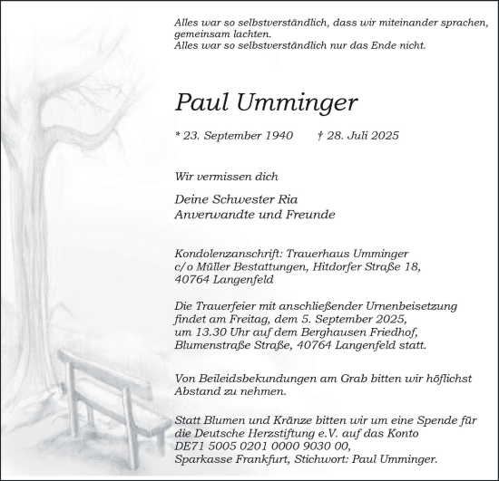 Traueranzeige von Paul Umminger von Tageszeitung