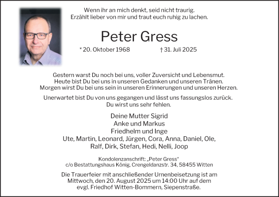 Traueranzeige von Peter Gress von Tageszeitung