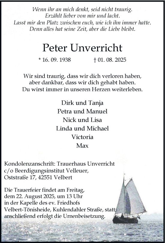 Traueranzeige von Peter Unverricht von Tageszeitung