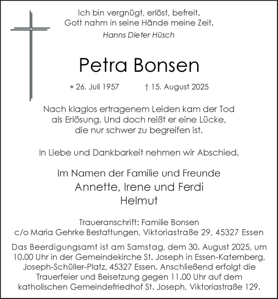Traueranzeige von Petra Bonsen von Tageszeitung