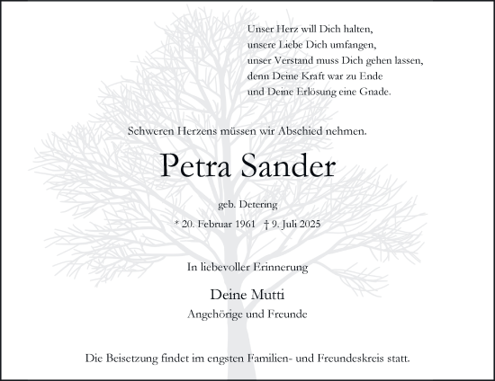 Traueranzeige von Petra Sander von Tageszeitung