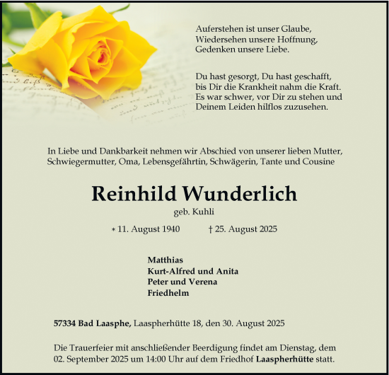 Traueranzeige von Reinhild Wunderlich von Tageszeitung