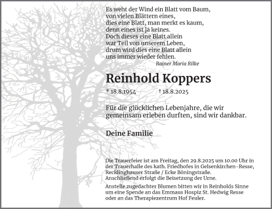 Traueranzeige von Reinhold Koppers von Tageszeitung