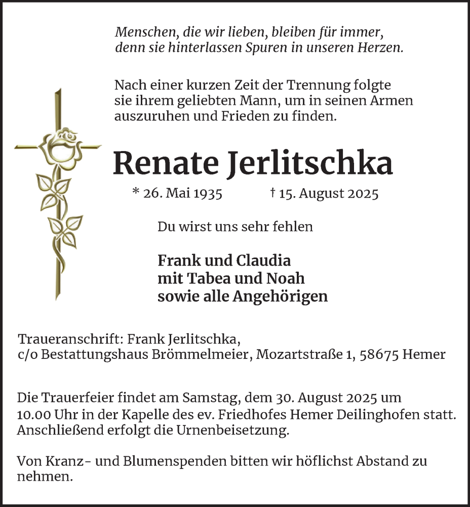  Traueranzeige für Renate Jerlitschka vom 23.08.2025 aus Tageszeitung