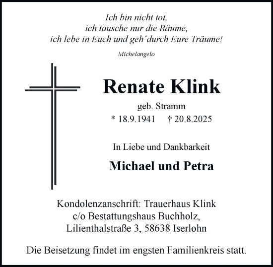 Traueranzeige von Renate Klink von Tageszeitung