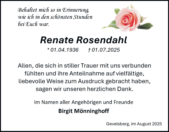 Traueranzeige von Renate Rosendahl von Tageszeitung