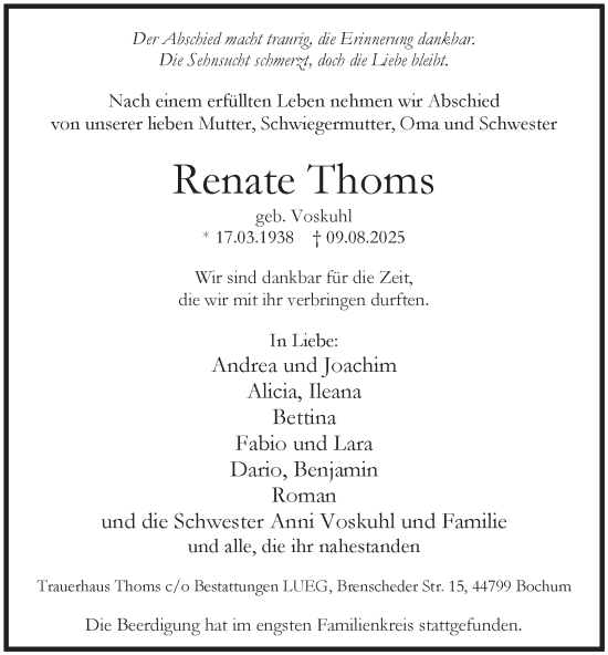 Traueranzeige von Renate Thoms von Tageszeitung
