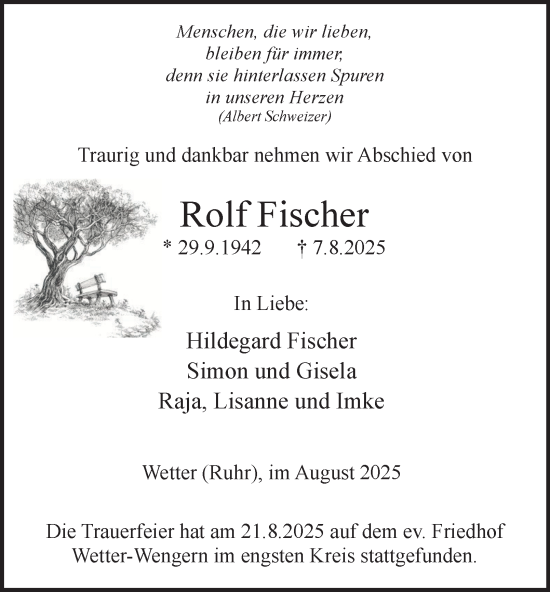 Traueranzeige von Rolf Fischer von Tageszeitung