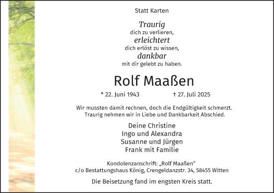 Traueranzeige von Rolf Maaßen von Tageszeitung
