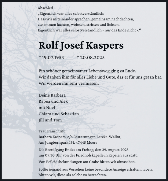 Traueranzeige von Rolf Josef Kaspers von Tageszeitung