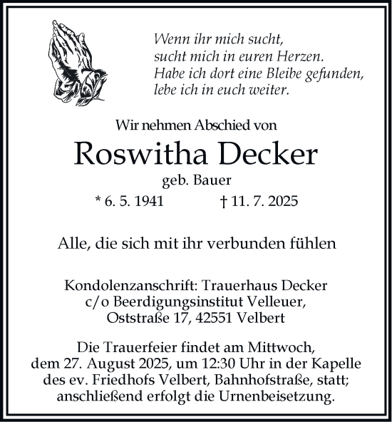 Traueranzeige von Roswitha Decker von Tageszeitung