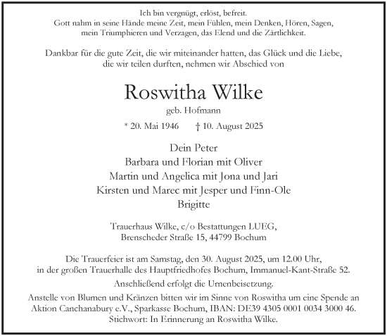 Traueranzeige von Roswitha Wilke von Tageszeitung