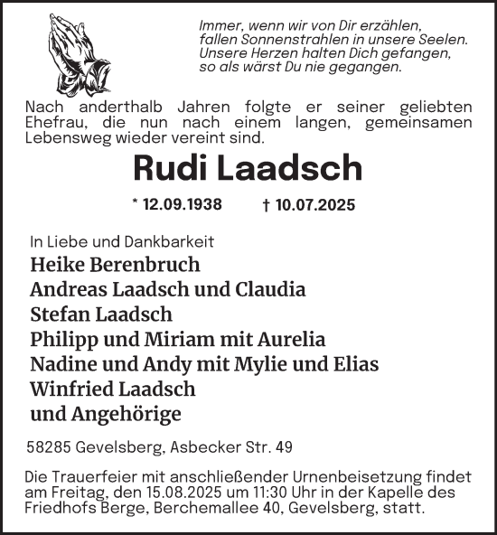 Traueranzeige von Rudi Laadsch von Tageszeitung