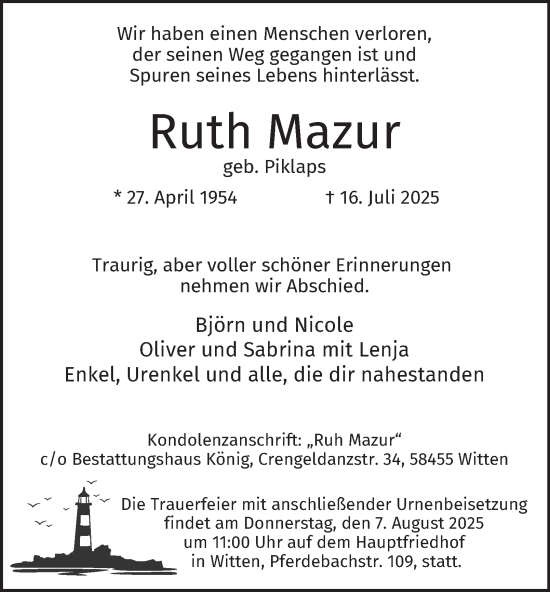 Traueranzeige von Ruth Mazur von Tageszeitung