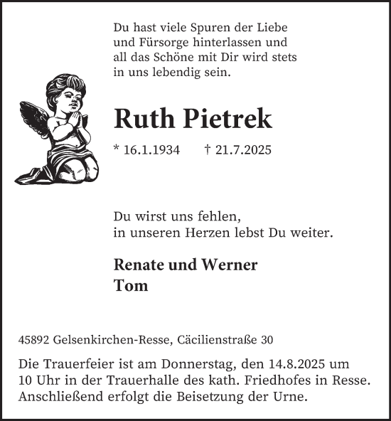 Traueranzeige von Ruth Pietrek von Tageszeitung