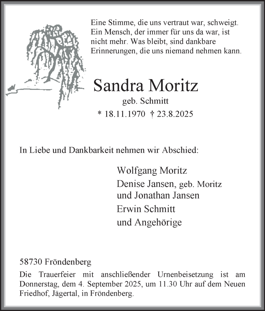  Traueranzeige für Sandra Moritz vom 30.08.2025 aus Tageszeitung