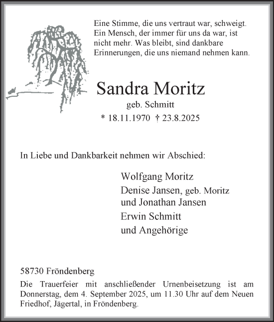 Traueranzeige von Sandra Moritz von Tageszeitung