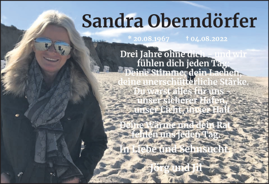 Traueranzeige von Sandra Oberndörfer von Tageszeitung