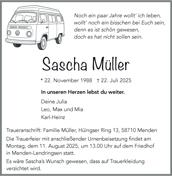 Traueranzeige von Sascha Müller von Tageszeitung