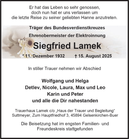 Traueranzeige von Siegfried Lamek von Tageszeitung