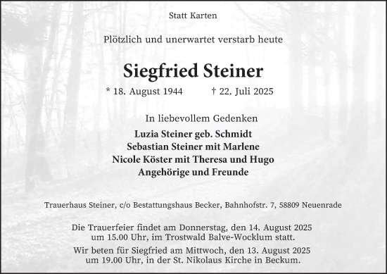 Traueranzeige von Siegfried Steiner von Tageszeitung