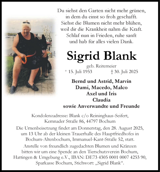 Traueranzeige von Sigrid Blank von Tageszeitung