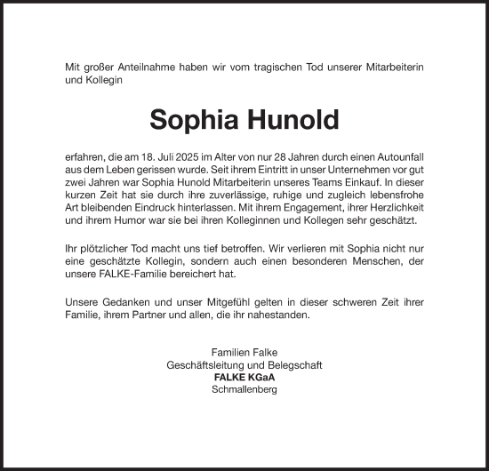 Traueranzeige von Sophia Hunold von Tageszeitung