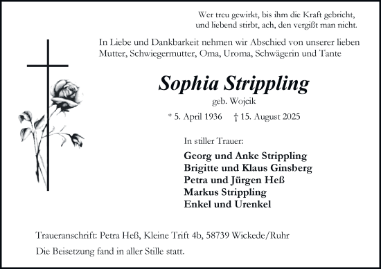 Traueranzeige von Sophia Strippling von Tageszeitung