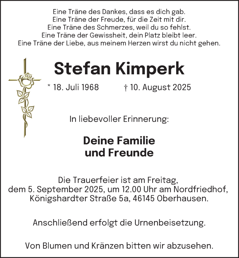 Traueranzeige für Stefan Kimperk vom 30.08.2025 aus Tageszeitung