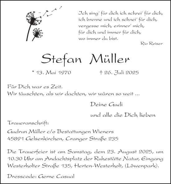 Traueranzeige von Stefan Müller von Tageszeitung