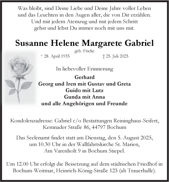Traueranzeige von Susanne Helene Margarete Gabriel von Tageszeitung