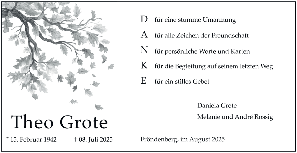  Traueranzeige für Theo Grote vom 30.08.2025 aus Tageszeitung