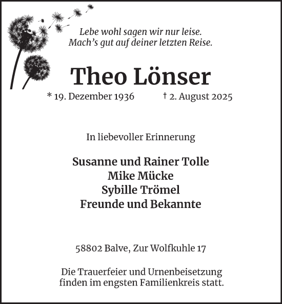 Traueranzeige von Theo Lönser von Tageszeitung
