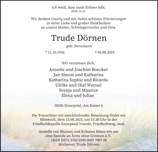Traueranzeige von Trude Dörnen von Tageszeitung
