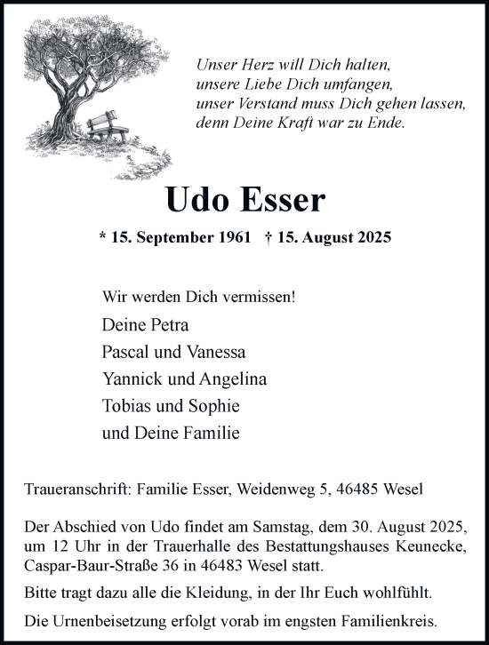 Traueranzeige von Udo Esser von Tageszeitung
