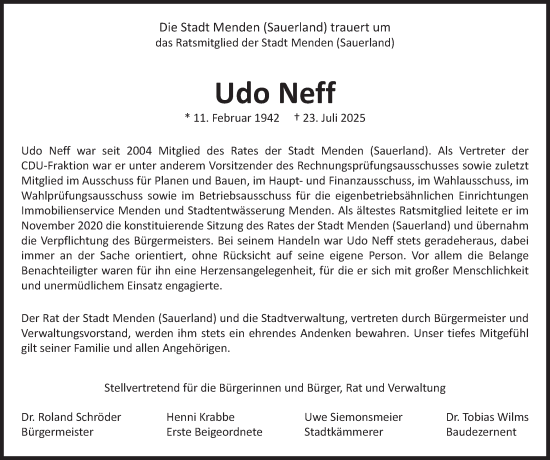Traueranzeige von Udo Neff von Tageszeitung