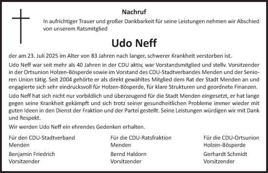 Traueranzeige von Udo Neff von Tageszeitung