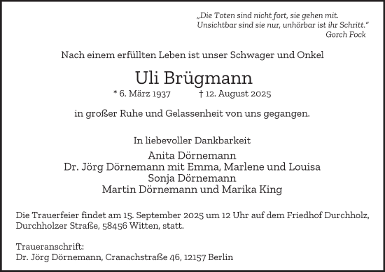 Traueranzeige von Uli Brügmann von Tageszeitung