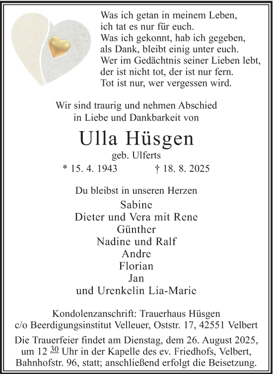 Traueranzeige von Ulla Hüsgen von Tageszeitung