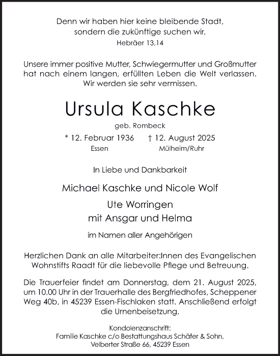 Traueranzeige von Ursula Kaschke von Tageszeitung