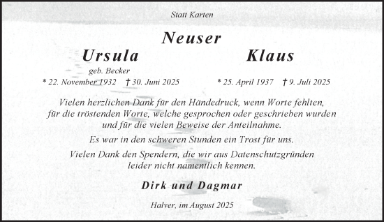 Traueranzeige von Ursula Neuser von Tageszeitung