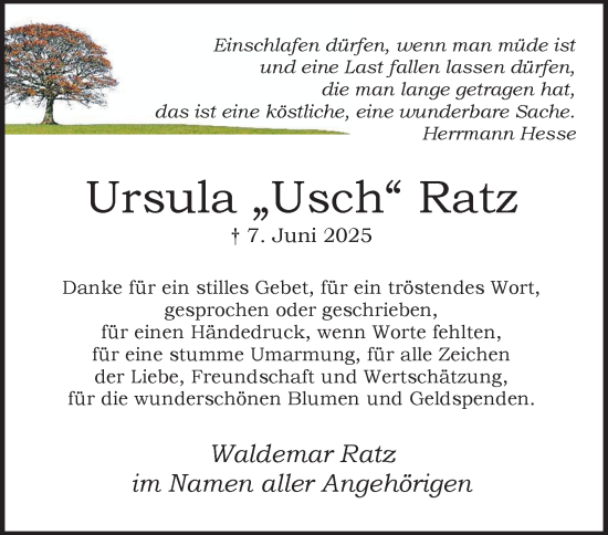 Traueranzeige von Ursula Ratz von Tageszeitung