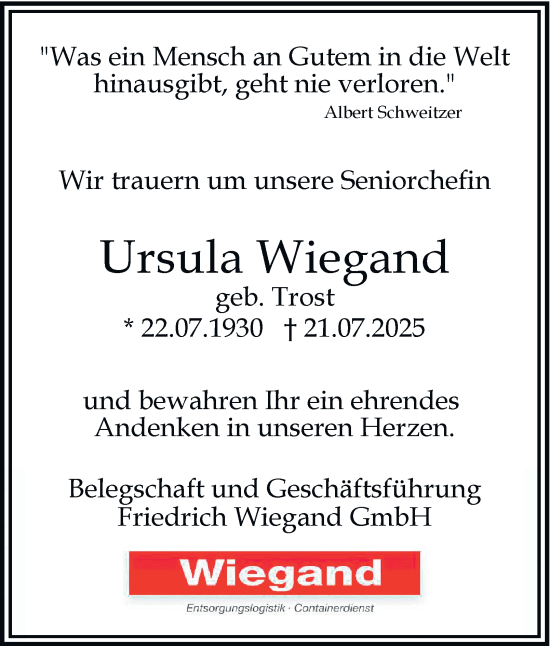 Traueranzeige von Ursula Wiegand von Tageszeitung