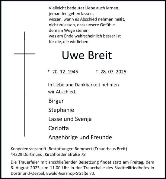 Traueranzeige von Uwe Breit von Tageszeitung
