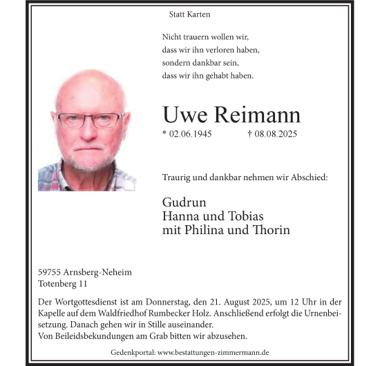 Traueranzeige von Uwe Reimann von Tageszeitung