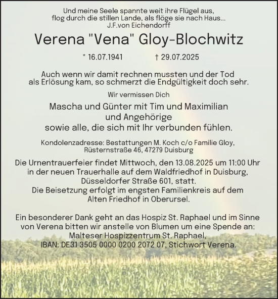 Traueranzeige von Verena Gloy-Blochwitz von Tageszeitung