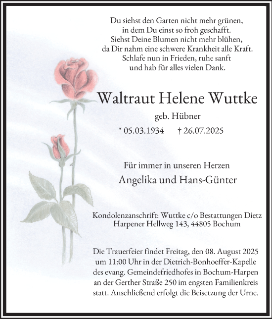 Traueranzeige von Waltraut Helene Wuttke von Tageszeitung