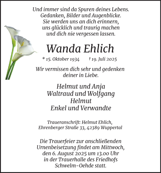 Traueranzeige von Wanda Ehlich von Tageszeitung