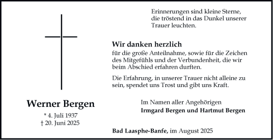 Traueranzeige von Werner Bergen von Tageszeitung